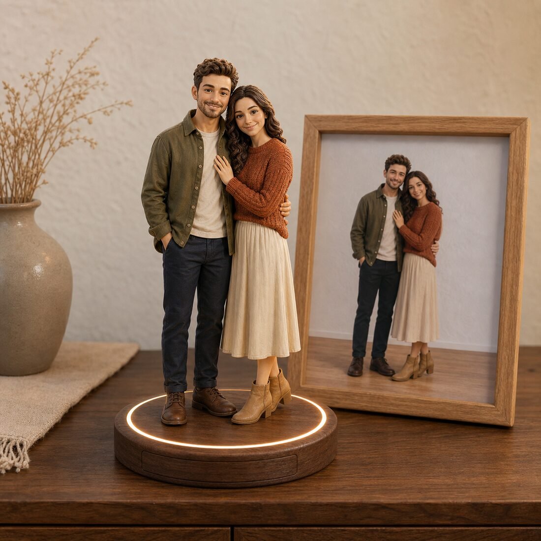 A couple figurine on a lit base beside a framed source photograph
