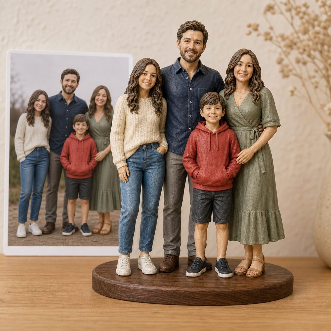 A family group figurine of four people on one oval base, with the source photo behind